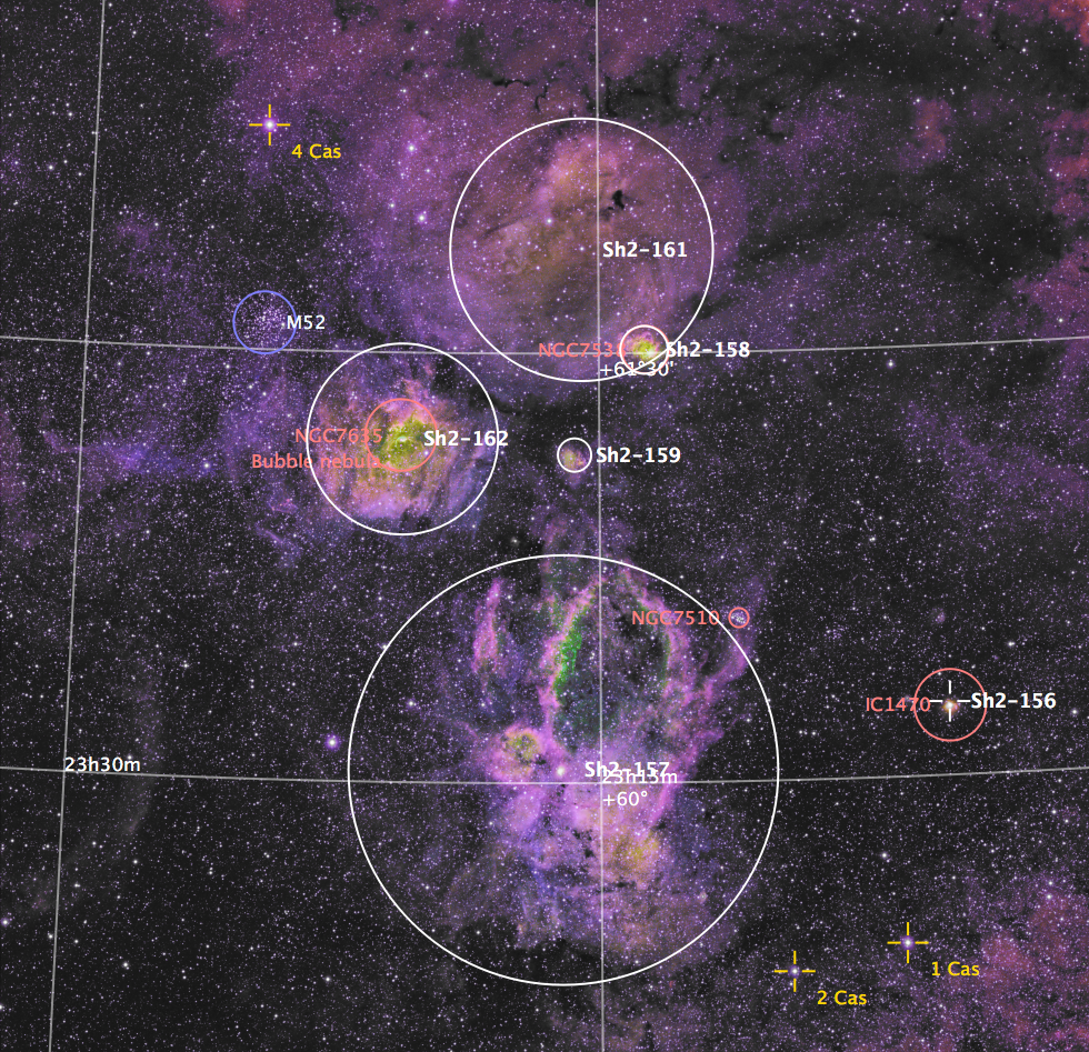 Annotated Image of M52/Bubble